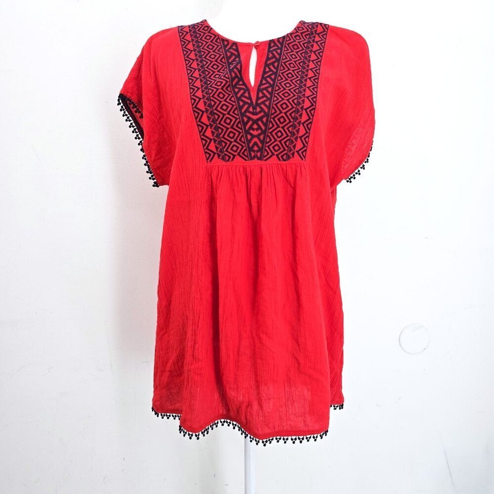 J. Crew  Red Pompom Fringe Floral Embroidery Swim Beach Cover  Dress Women S